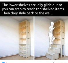 the lower shelves actually glide out so you can step to reach top shelf items then they slide back to the wall