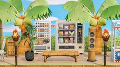 a painting of a vending machine with palm trees in front of it and other items on the ground