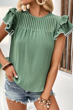 Janay Pleated Detail Flutter Sleeve Blouse Pleated Neckline Pattern, Stitching Shirt, Flutter Sleeve Blouse, Pleated Neckline, Ruffle Sleeve Blouse, Pleated Shorts, Ruffle Shorts, Butterfly Sleeves, Ruffled Sleeves