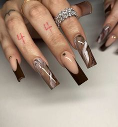 September Acrylic Nails, Pretty Girl Nails, September Nail Designs Fall, Brown Long Nails, Fall Nail Sets, Fall Baddie Nails, September Nail Art, Fall Sets Nails, Almond Fall Nails