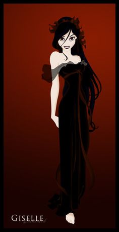 a drawing of a woman in a black dress with long hair and an evil look on her face