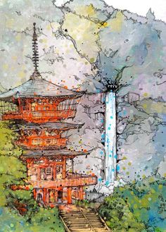 an artistic painting of a pagoda and waterfall