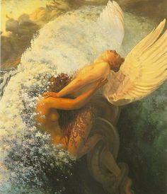 a painting of an angel sitting on top of a body of water with white wings