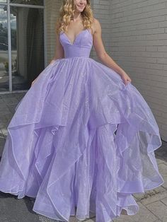 Shiny V Neck Purple Long Prom Dresses, Fluffy Purple Formal Evening Dr – Shiny Party Lilac Prom Dresses, Purple Prom, Fest Outfits, 2024 Prom, Purple Prom Dress, Prom Dresses Modest, Long Prom Dresses, Custom Size Dresses, A Line Prom Dresses