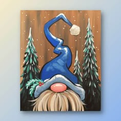 an acrylic painting of a gnome's face in front of pine trees