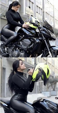 two pictures of a woman on a motorcycle, one in black and the other in yellow