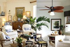 a living room filled with furniture and a ceiling fan in the middle of two rooms