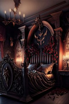 a gothic bedroom with an elaborate bed, candles and roses on the headboard is shown