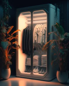 an illuminated closet filled with clothes next to potted plants