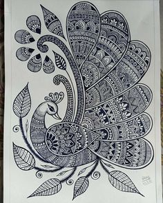 a drawing of a peacock with intricate designs on it's back and side wings