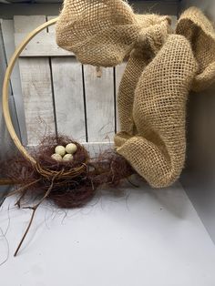 a bird's nest with eggs in it and burlocks hanging from the hoop