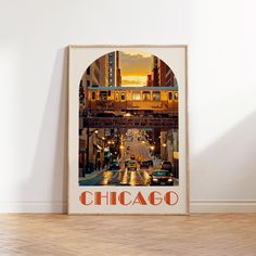 an image of a chicago poster hanging on the wall in a room with hardwood flooring