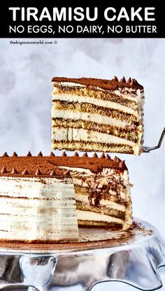 a slice of tiramisu cake being served. New Easy Dessert Recipes, Gluten And Dairy Free Birthday Desserts, Vegan Gf Cake Recipes, Non Dairy Birthday Cake, Vegan And Gluten Free Cake Recipes, Non Dairy Birthday Desserts, Vegan Gluten Free Tiramisu, Non Dairy Tiramisu, Gluten Free Dairy Free Tiramisu