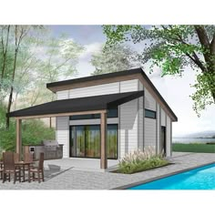 a rendering of a small house with a pool in the foreground and an outdoor dining area on the other side