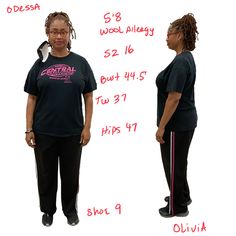 a woman standing in front of a white background with the measurements for her pants and t - shirt