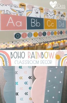 a classroom decor project with the words boho rainbow on it and an image of a bear