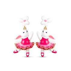 Unique and stunning, these sweet bunny earrings will take your breath away. Made in sterling silver and hand-enameled, each earring features a little flower as the stud and a dancing white rabbit in a ballet skirt as the drop part. This adorable piece captures the essence of whimsy and adds a touch of playfulness to your ensemble. An incredible addition to any jewelry collection, but especially for those who love rabbits, spring and Easter celebrations.Weight: 3.2 gWidth: 14.55 mmHeight: 28.35 m Peter Rabbit Earrings, Whimsical Pink Enamel Earrings, Bunny Earrings, Easter Celebration, Sweet Lolita, White Rabbit, Anniversary Sale, Enchanted, Dream Closet