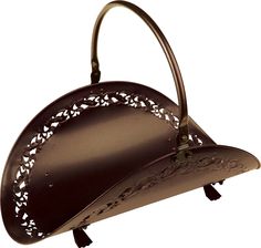 a brown purse with an intricate design on the front and side, hanging from a metal hook