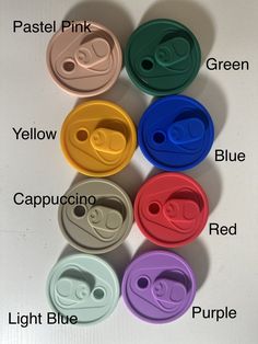 six different colors of lids and lids on a white surface with the words pastel pink, yellow, green, red, blue