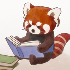 a painting of a red panda reading a book