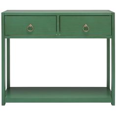 a green console table with two drawers on one side and an open drawer on the other