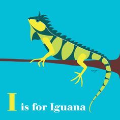 an iguana is sitting on a branch with the words i for iguana