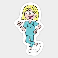 a sticker of a woman in scrubs with her hand up to the side