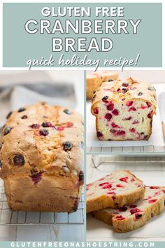 gluten free cranberry bread on a cooling rack with the words gluten free cranberry bread