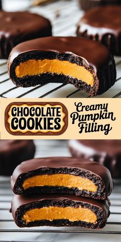 chocolate pumpkin filling cookies on a cooling rack