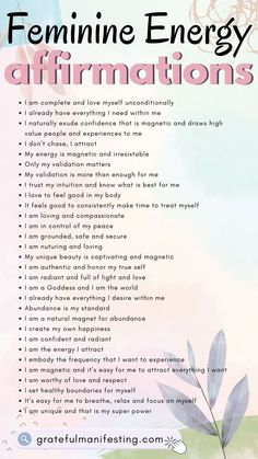 a poster with the words feminine energy affirmations