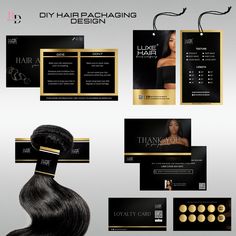 some hair products and business cards are displayed on a white background with gold trimmings