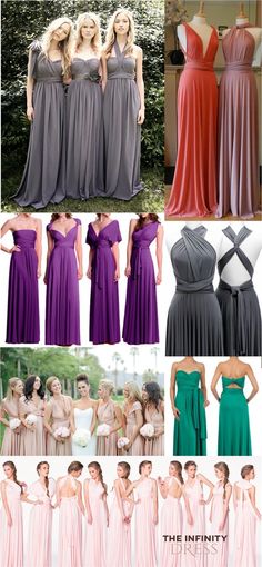 bridesmaid dresses in different colors and styles, including one for the brides