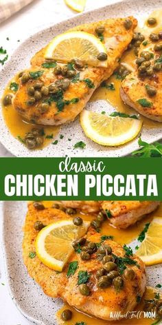 chicken piccata with lemons and capers on the side, served on a white plate