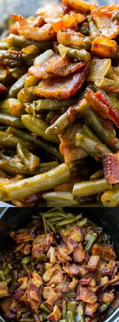 green beans, bacon and potatoes in a pan with the same toppings on top