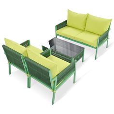 three pieces of furniture with green cushions and yellow pillows on each side, sitting next to each other