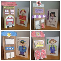 four different pictures of children's handmade cards with police and firemen on them