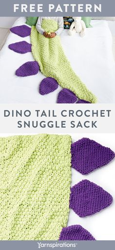 crocheted fish tail blanket pattern with text which reads, free pattern dino tail crochet snuggle sack