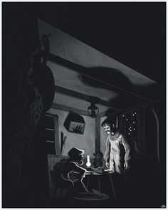 a man standing next to a woman in a dark room