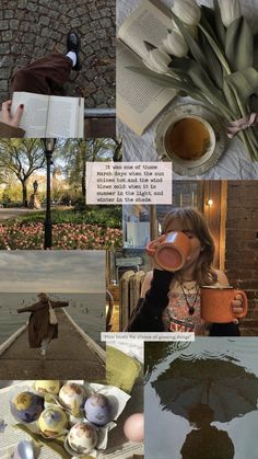 a collage of photos with flowers, books and teacups on it's table