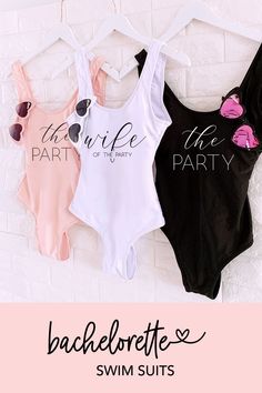 Funny bachelorette party swimsuits (can be used as tank tops too!) are perfect for the bride & bridesmaids to wear - including "wife of the party" for the bride and "the party" for the bridesmaids. Summer Wedding Groom, Veuve Cliquot, Funny Bachelorette, Baby Shower Favors Girl, Bachelorette Party Outfit, Bride Bachelorette