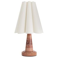 a table lamp with a white shade on it's base and a light bulb in the shape of a cone