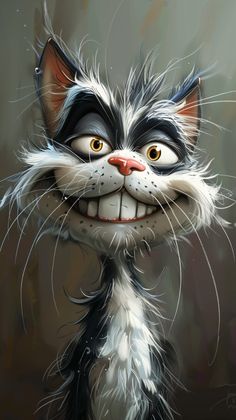 a painting of a black and white cat with orange eyes, smiling at the camera