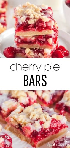 cherry pie bars stacked on top of each other with the words cherry pie bars above them