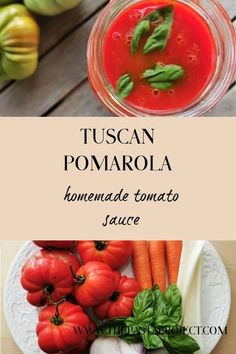 tomato soup in a glass jar with basil, tomatoes and other vegetables next to it