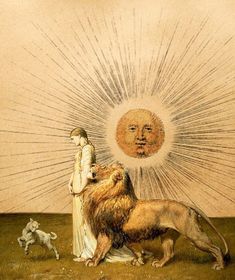 a woman standing next to a lion in front of a sun with two small dogs