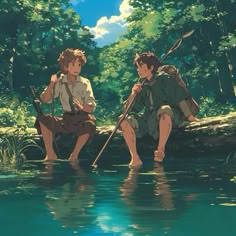 two people are sitting in the water with their backs to each other and holding oars