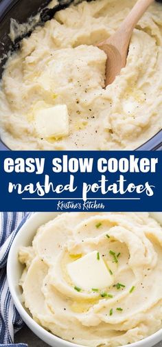 mashed potatoes in a white bowl with a wooden spoon and text overlay that reads easy slow cooker mashed potatoes