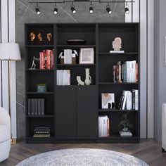 a living room filled with lots of furniture and bookshelves next to a white couch