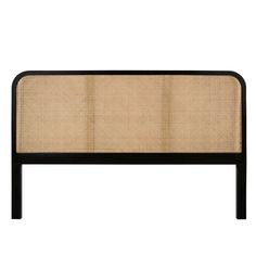 an upholstered headboard with black frame and beige fabric on the top, against a white background