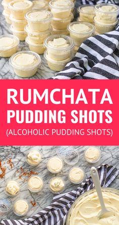 rumchata pudding shots with text overlay reading rumchata pudding shots alcoholic pudding shots